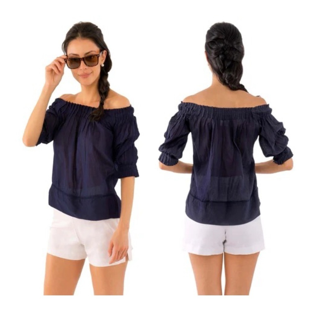 Gretchen Scott Medium Navy Blue‎ 100% Cotton Pleated Off-The-Shoulder Blouse Top